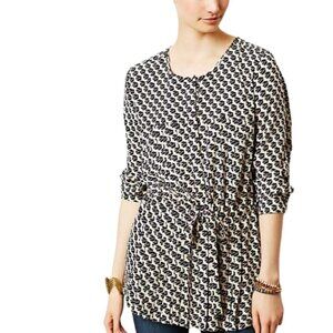 Maeve Button Front Peplum Bird‎ Print Blouse S Tie Waist Black Ivory Pleated